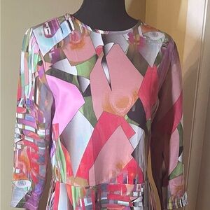 Vibrant Abstract Midi Dress with 3/4 sleeves. Pre-owned Sz. Medium